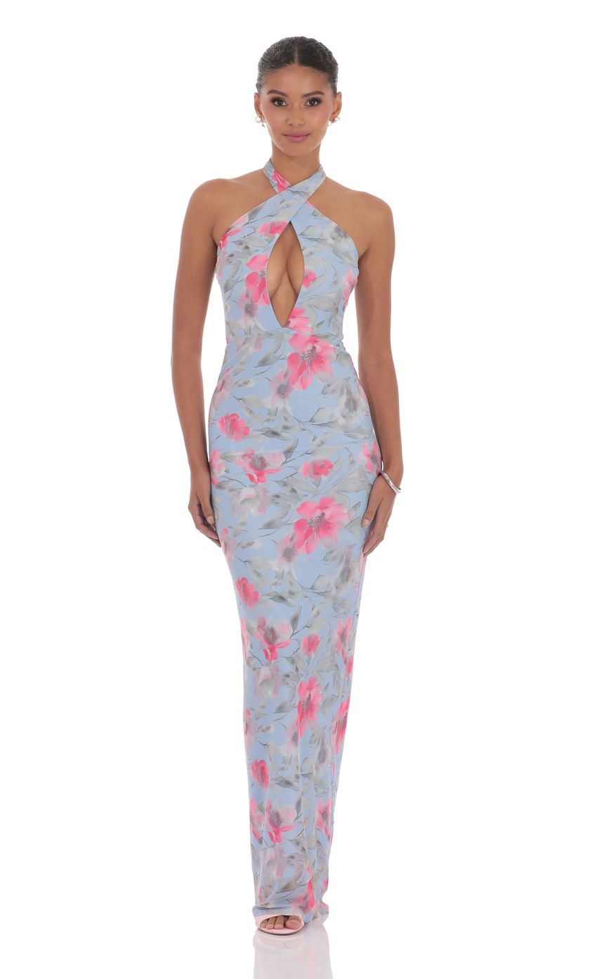 Picture Floral Cutout Halter Maxi Dress in Blue. Source: https://media-img.lucyinthesky.com/data/product-media/850xAUTO/60fcbeb4-fc19-4b79-ae8c-b13a312810e3.jpg