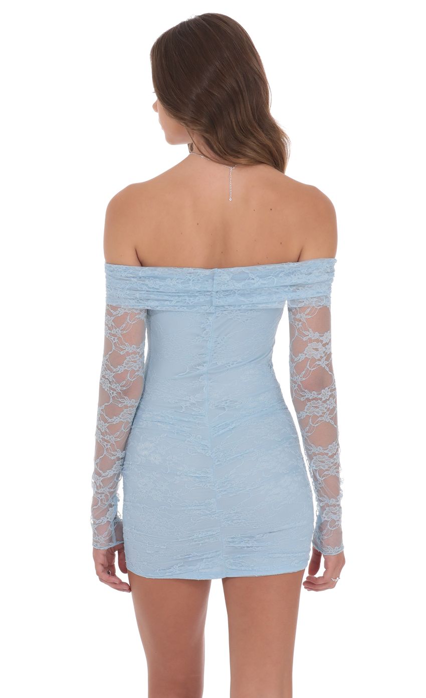 Product image for Off Shoulder Long Sleeve Lace Dress in Light Blue