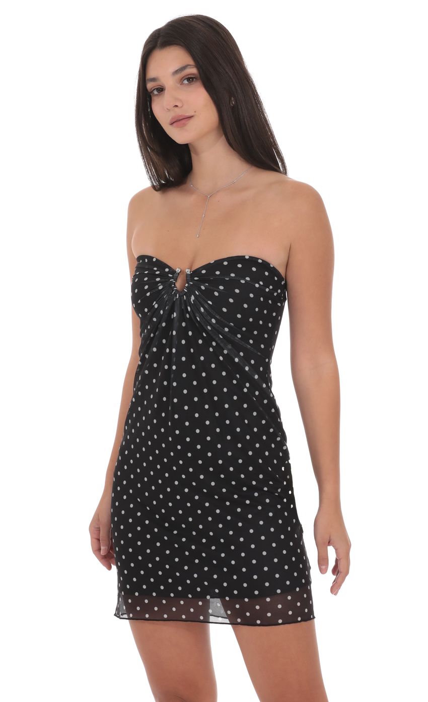 Product image for Polka Dot Embellished Mesh Strapless Dress in Black