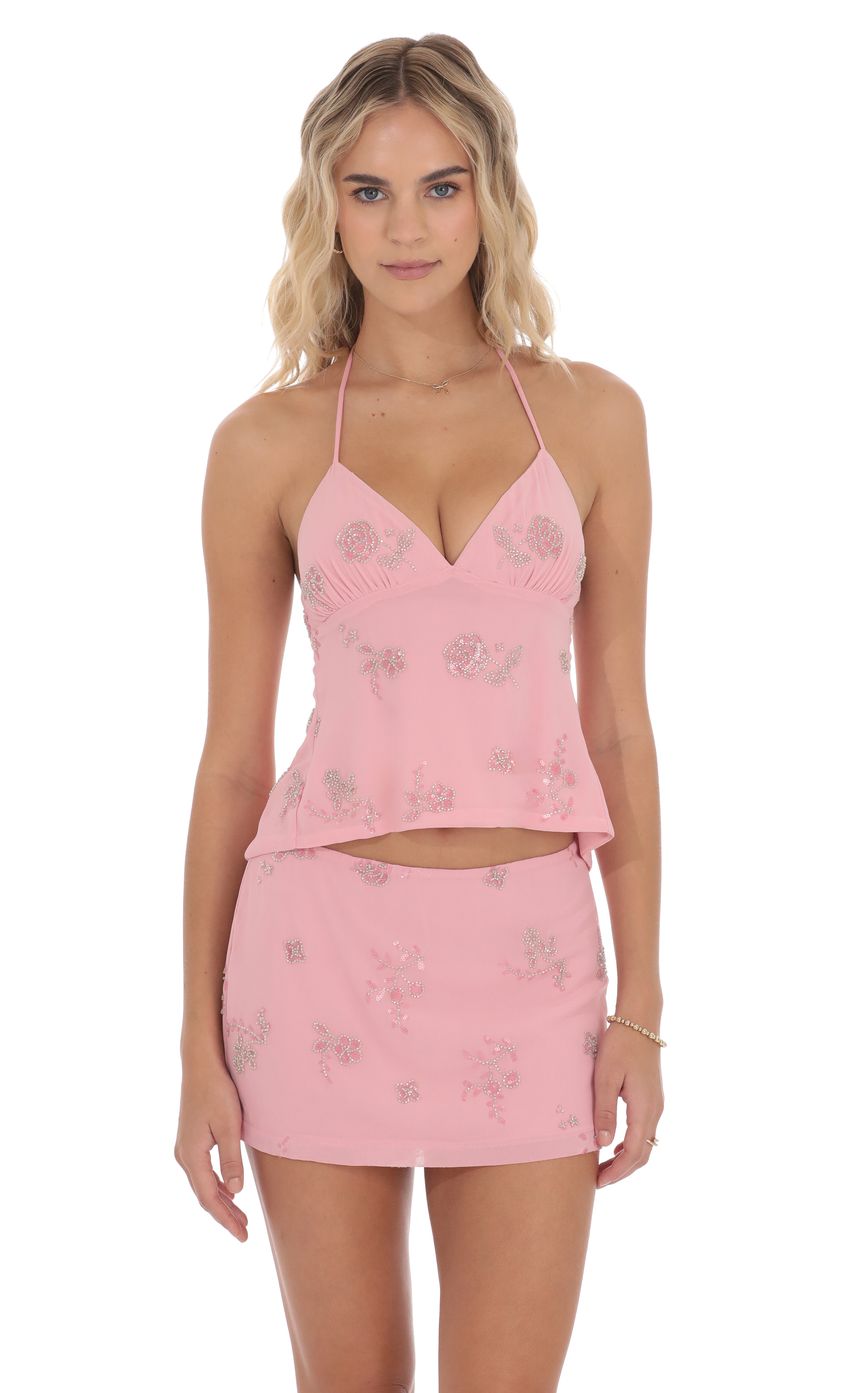 Product image for Sequin Beaded Floral Skirt in Pink
