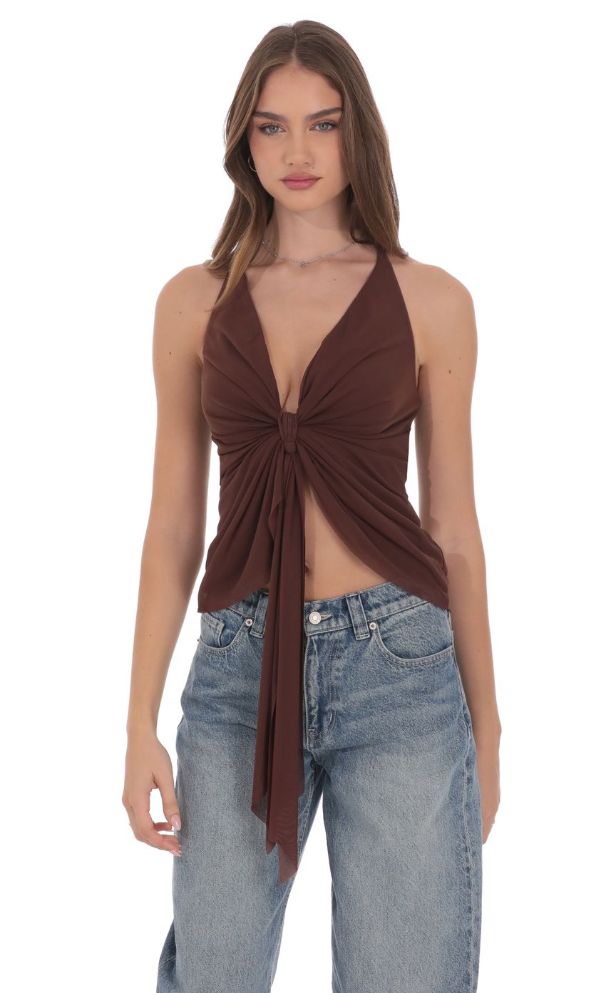 Product image for Mesh Plunge Two-Piece Tie Top in Brown