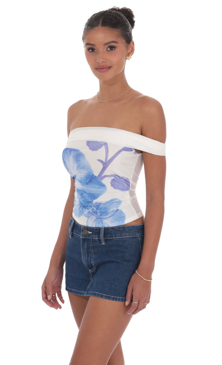 Picture Floral Mesh Off Shoulder Top in White. Source: https://media-img.lucyinthesky.com/data/product-media/850xAUTO/637e0a91-bb51-4e86-8668-385fa39f823e.jpg