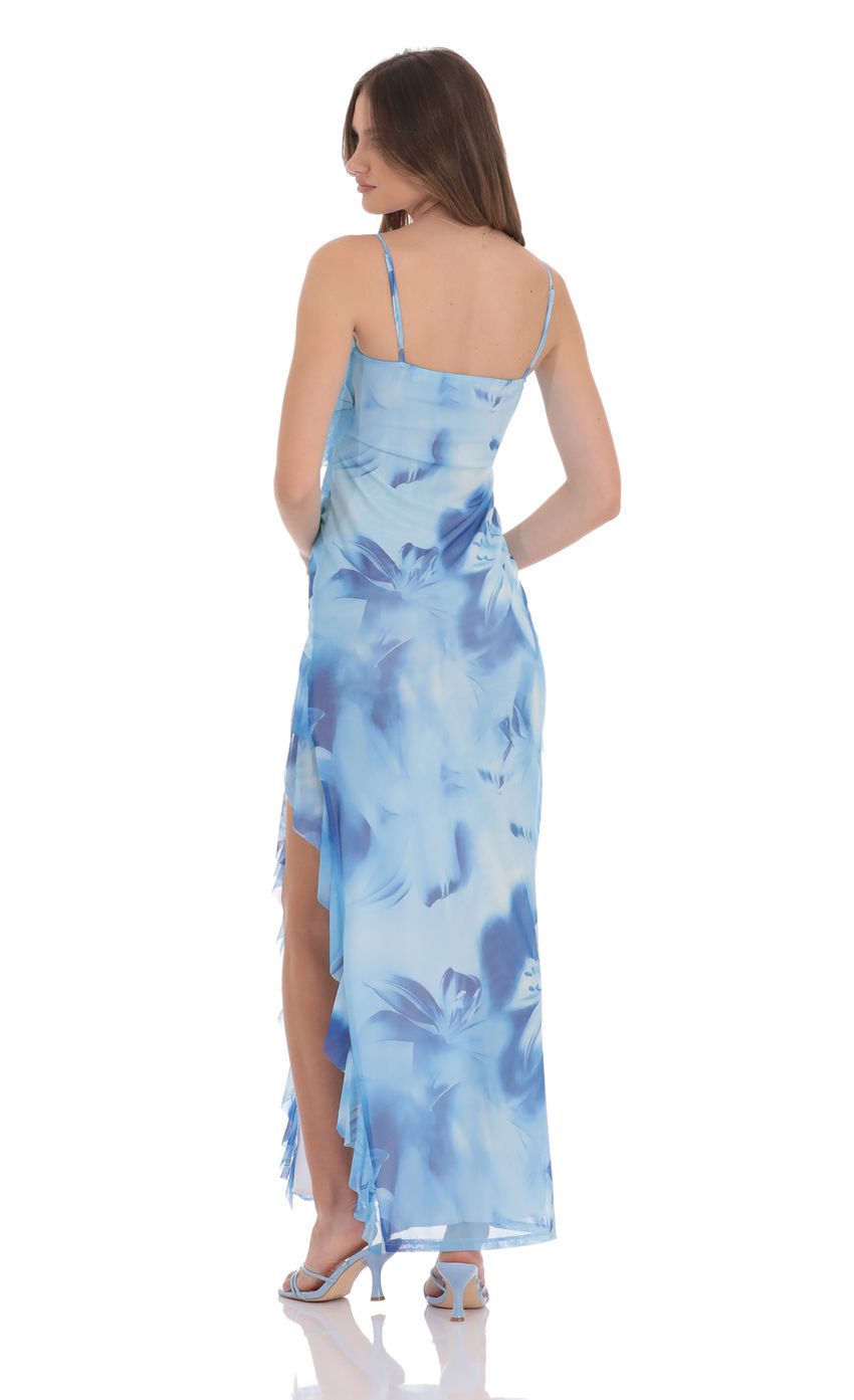 Picture Floral Ruffle Mesh Square Neck Maxi Dress in Royal Blue. Source: https://media-img.lucyinthesky.com/data/product-media/850xAUTO/63c01543-6314-40a7-a249-8bc03ac6d9fb.jpg