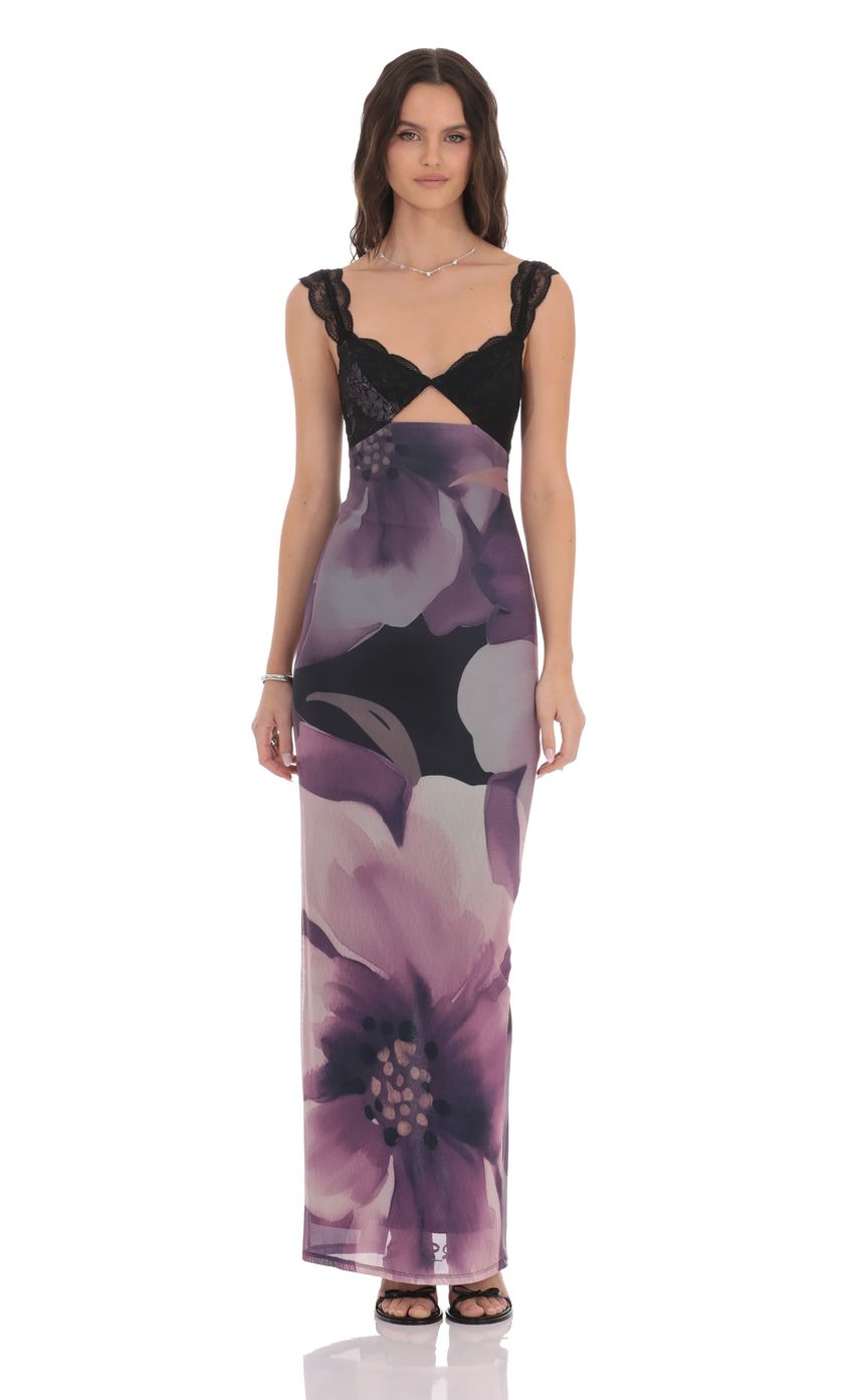 Picture Cutout Lace Floral Maxi Dress in Purple. Source: https://media-img.lucyinthesky.com/data/product-media/850xAUTO/6455345c-03d2-475d-8542-1f321c4e20eb.jpg