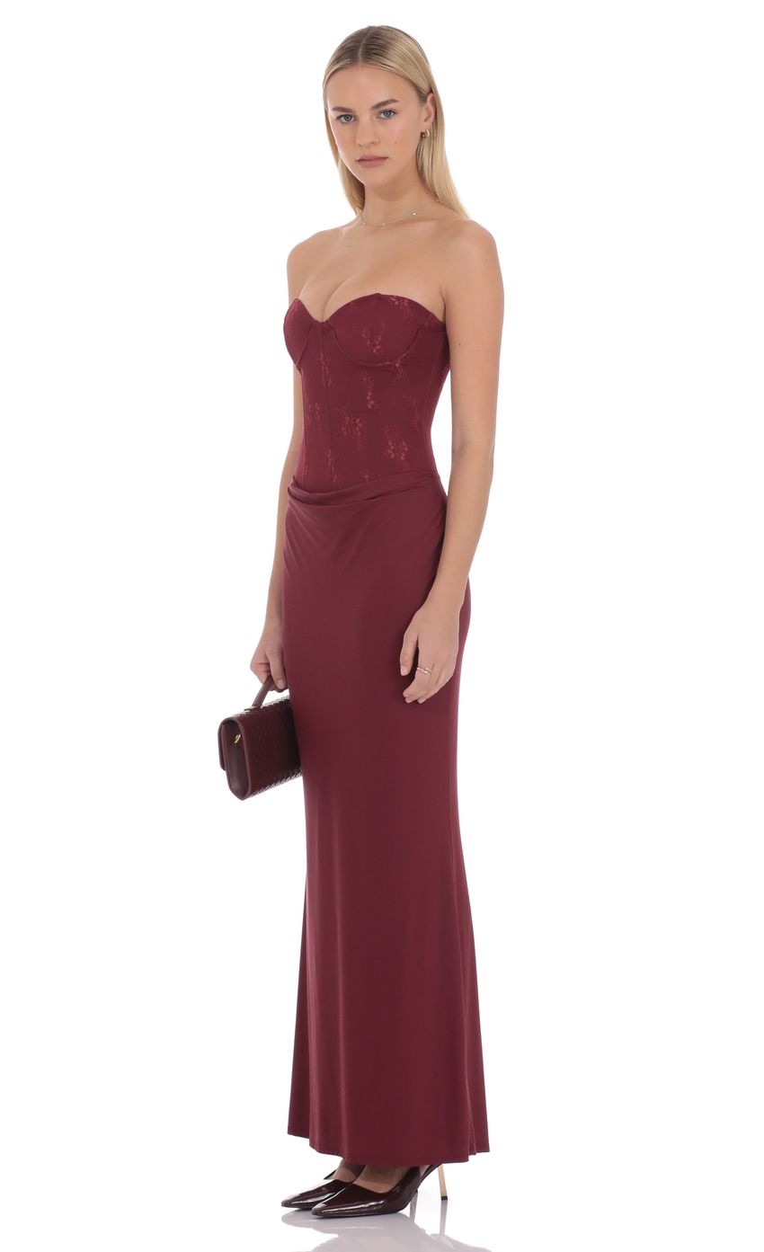 Product image for Strapless Lace Maxi Dress in Burgundy