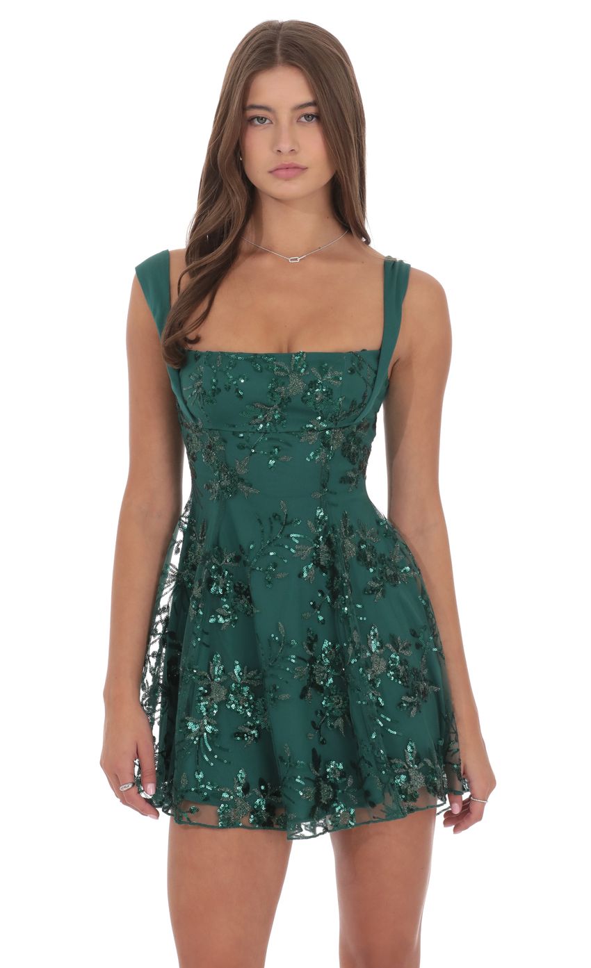 Product image for Floral Sequin Fit and Flare Dress in Green