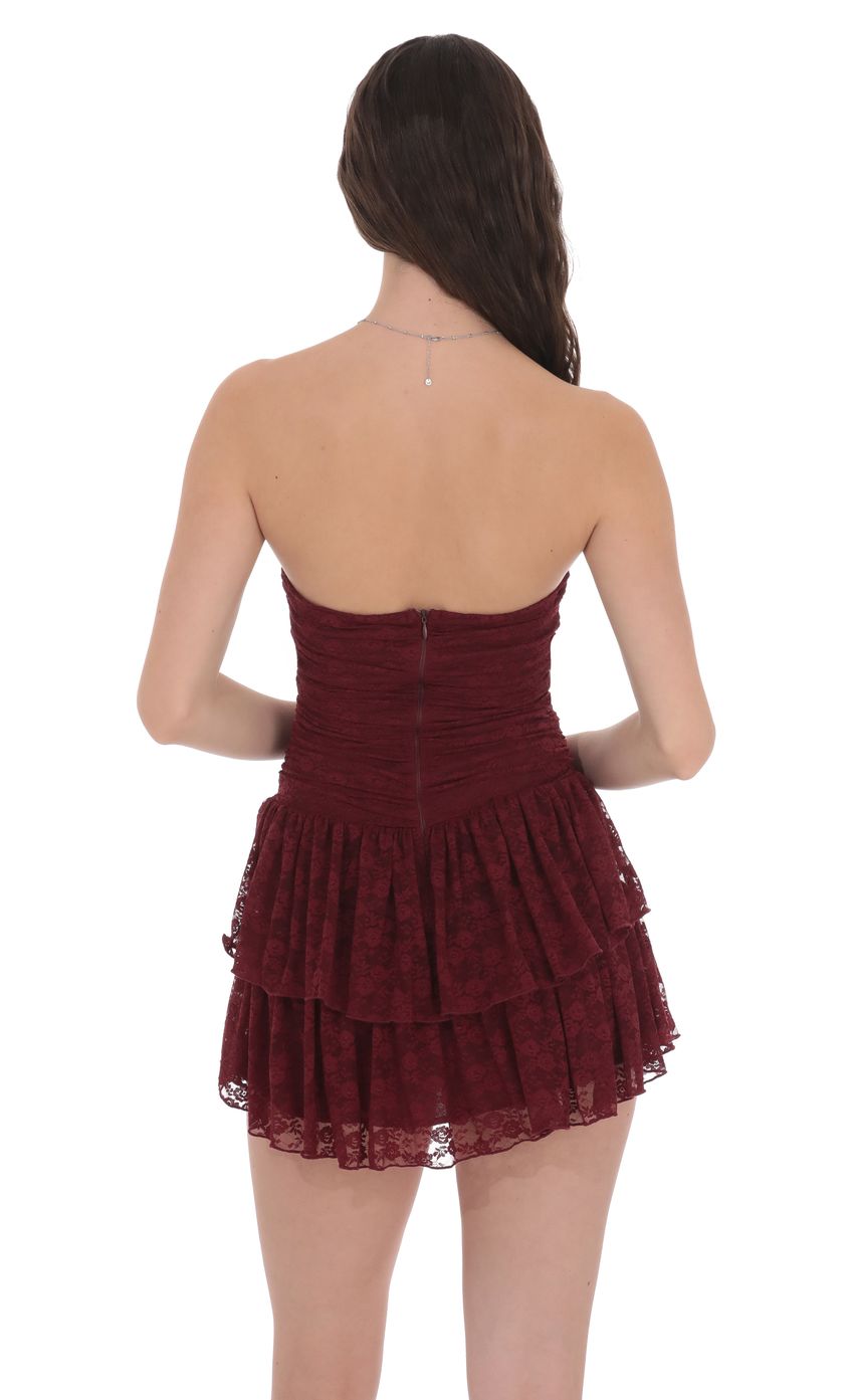 Product image for Lace Strapless Ruched Ruffle Dress in Burgundy