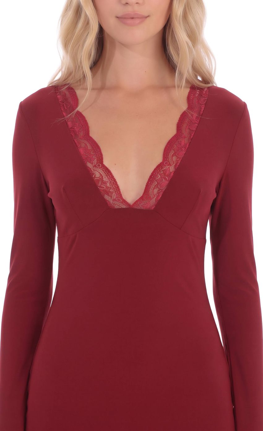Product image for Lace Trim Long Sleeve Mini Dress in Burgundy