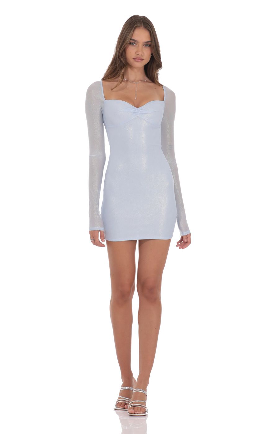 Product image for Foil Mesh Long Sleeve Bodycon Dress in Light Blue