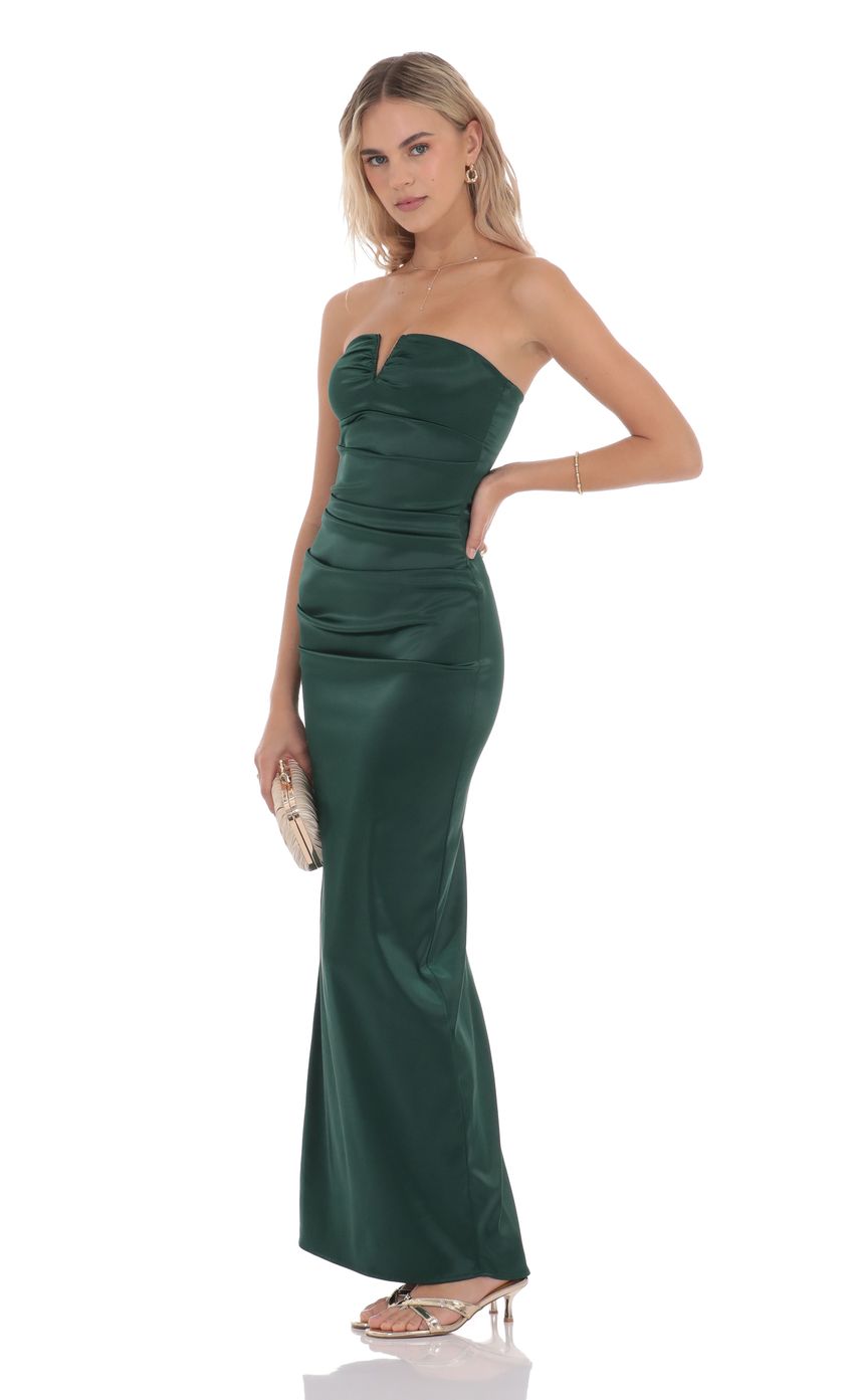 Picture Satin V-Strapless Maxi Dress in Green. Source: https://media-img.lucyinthesky.com/data/product-media/850xAUTO/669b5ee3-19c8-42ad-bce3-660ff1f8d9bf.jpg