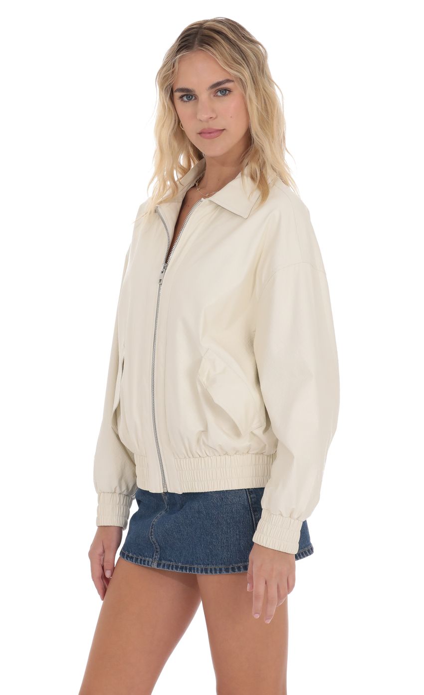 Product image for Woven Faux Leather Bomber Jacket in Ivory
