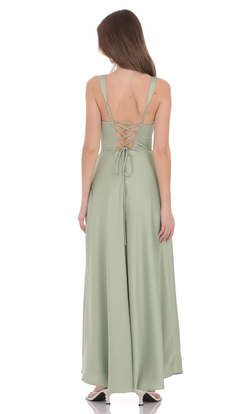 Product image for Satin Plunge Neck Corset Maxi Dress in Sage