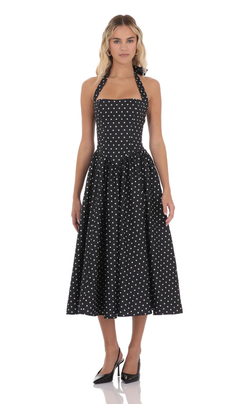 Product image for Polka Dot Halter Midi Dress in Black