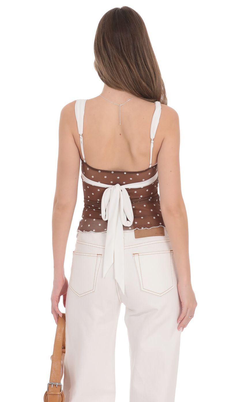 Product image for Two-Toned Mesh Polka Dot Top in Brown and White