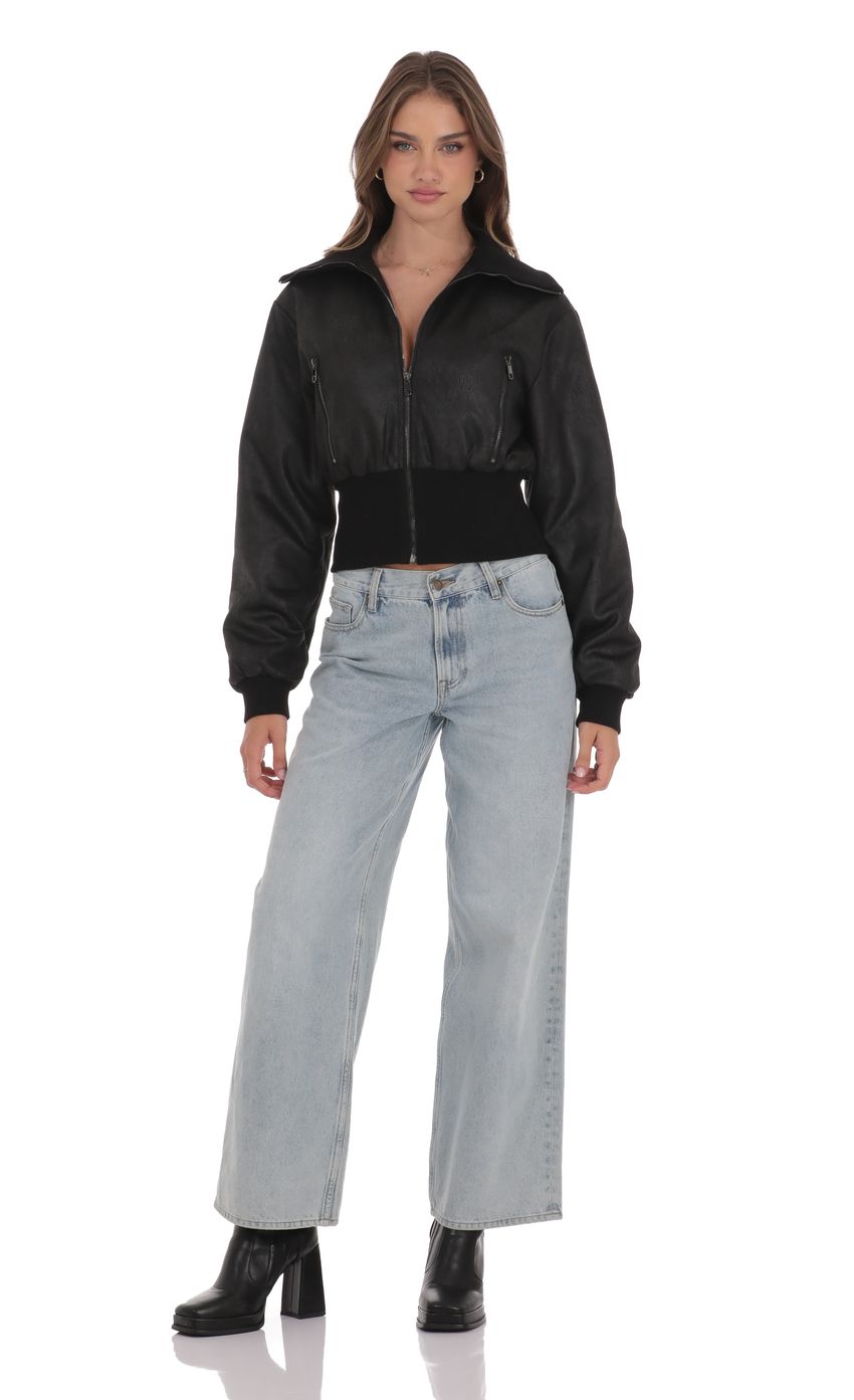 Product image for Cinched Faux Leather Bomber Jacket in Black