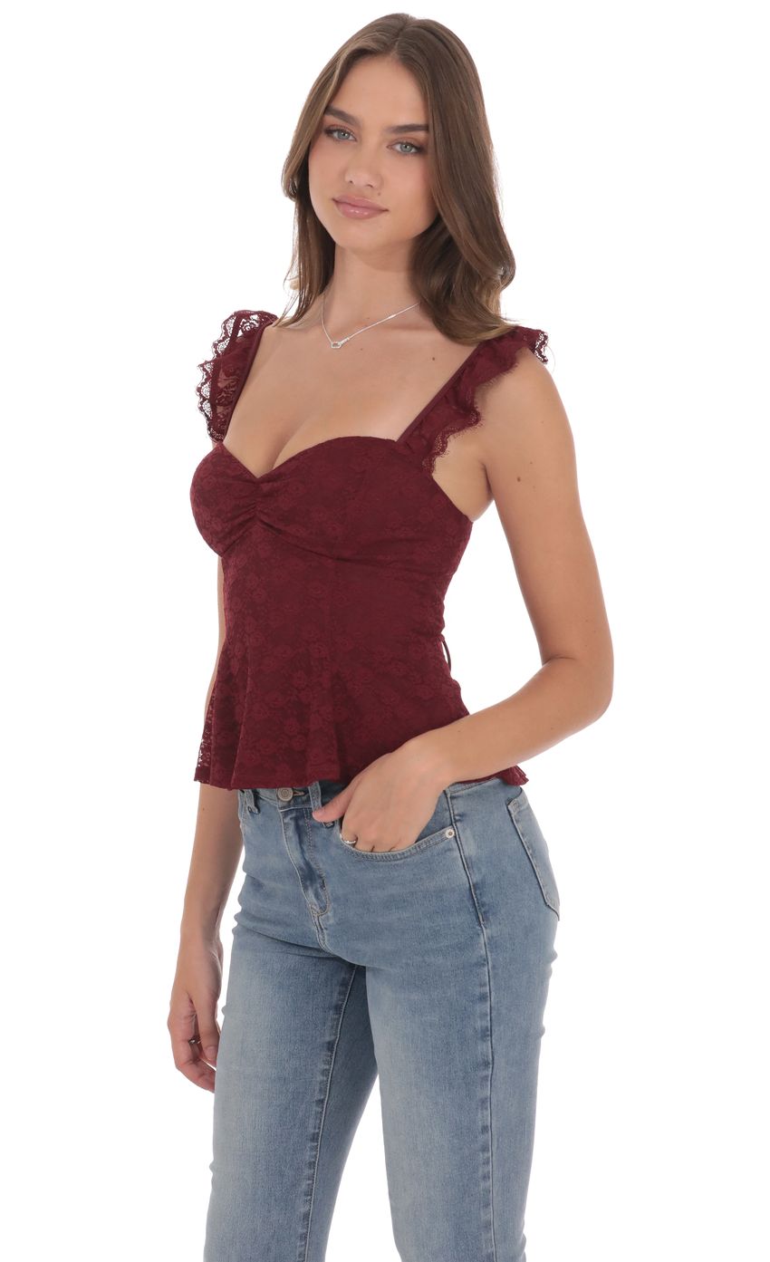 Product image for Lace Ruffle Strap Top in Burgundy