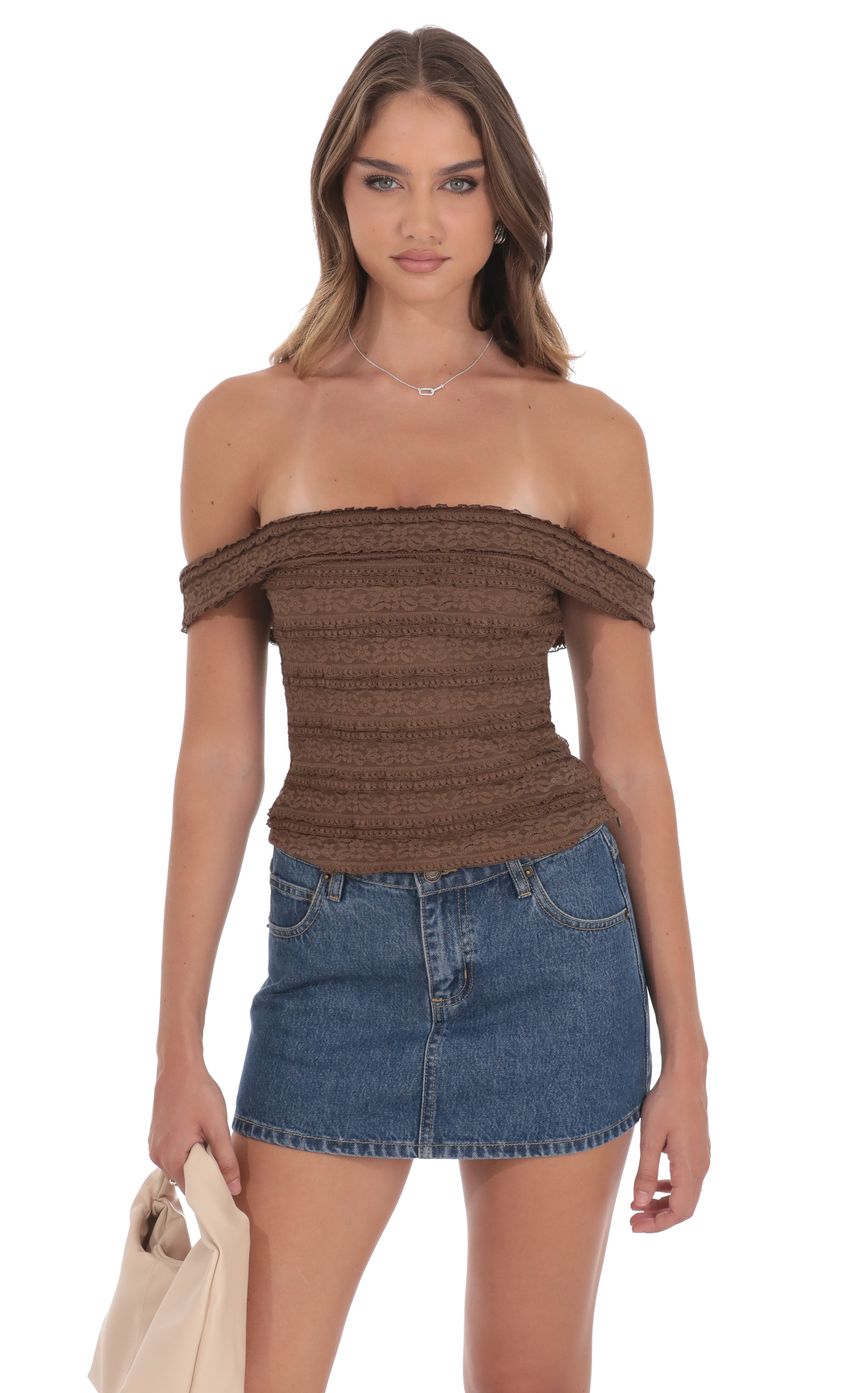 Product image for Ruffle Lace Off Shoulder Top in Brown