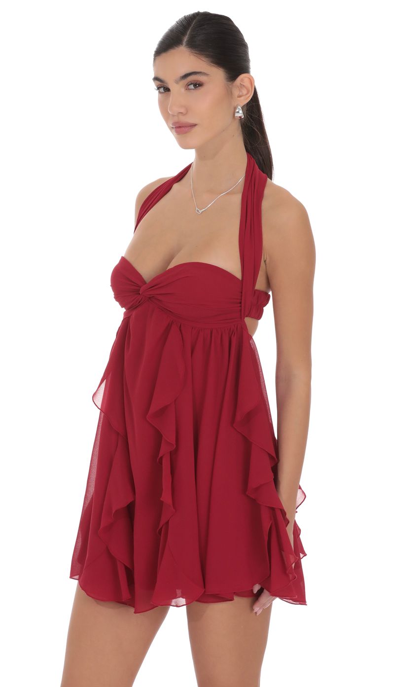 Product image for Halter Ruffle Babydoll Dress in Maroon