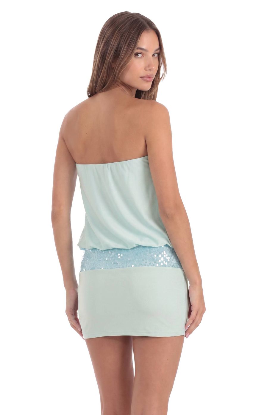 Product image for Sequin Blouson Strapless Mini Dress in Aqua