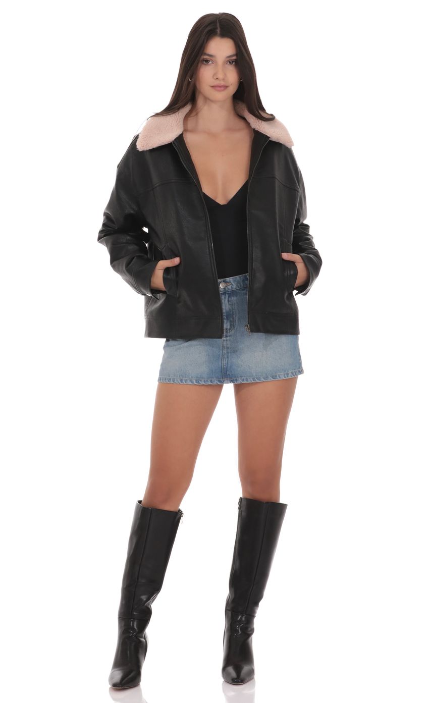 Product image for Faux Leather Sherpa Collar Jacket in Black