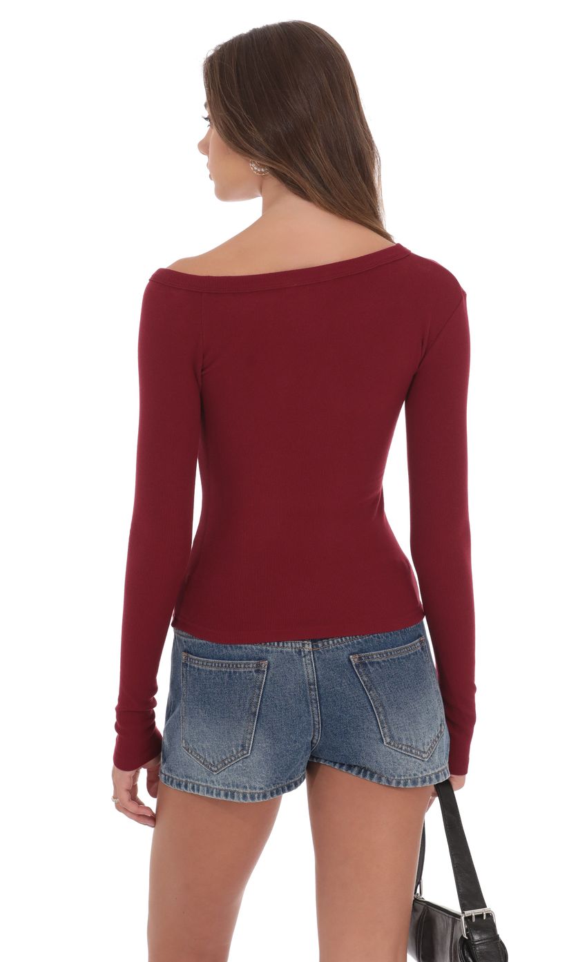 Product image for Off Shoulder Henley Top in Maroon