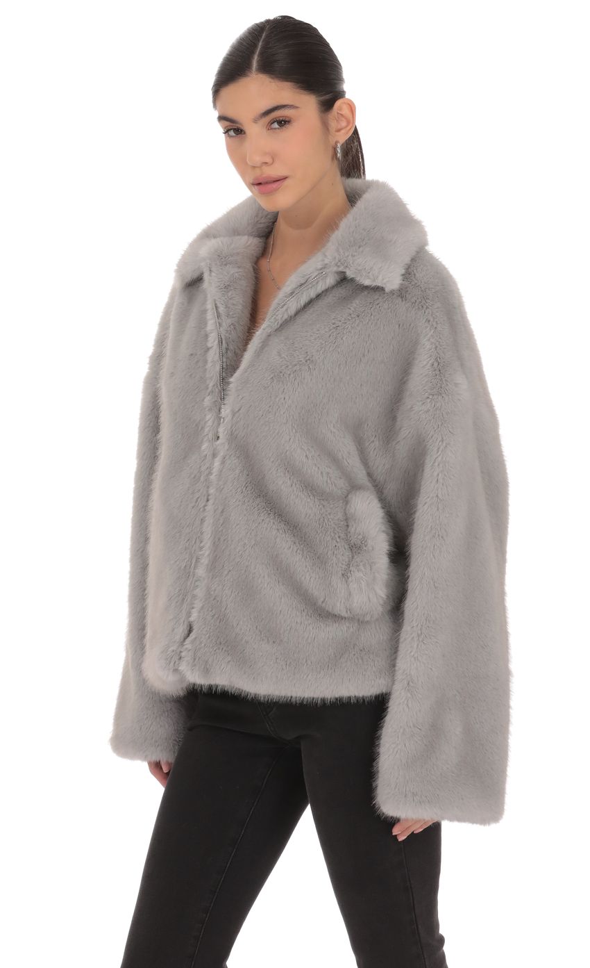 Product image for Zip-Up Faux Fur Jacket in Grey