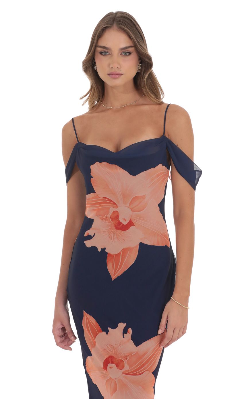 Picture Orange Floral Off Shoulder Maxi Dress in Navy. Source: https://media-img.lucyinthesky.com/data/product-media/850xAUTO/69d60fb2-0ba6-4642-81a9-3a4f6d63304b.jpg