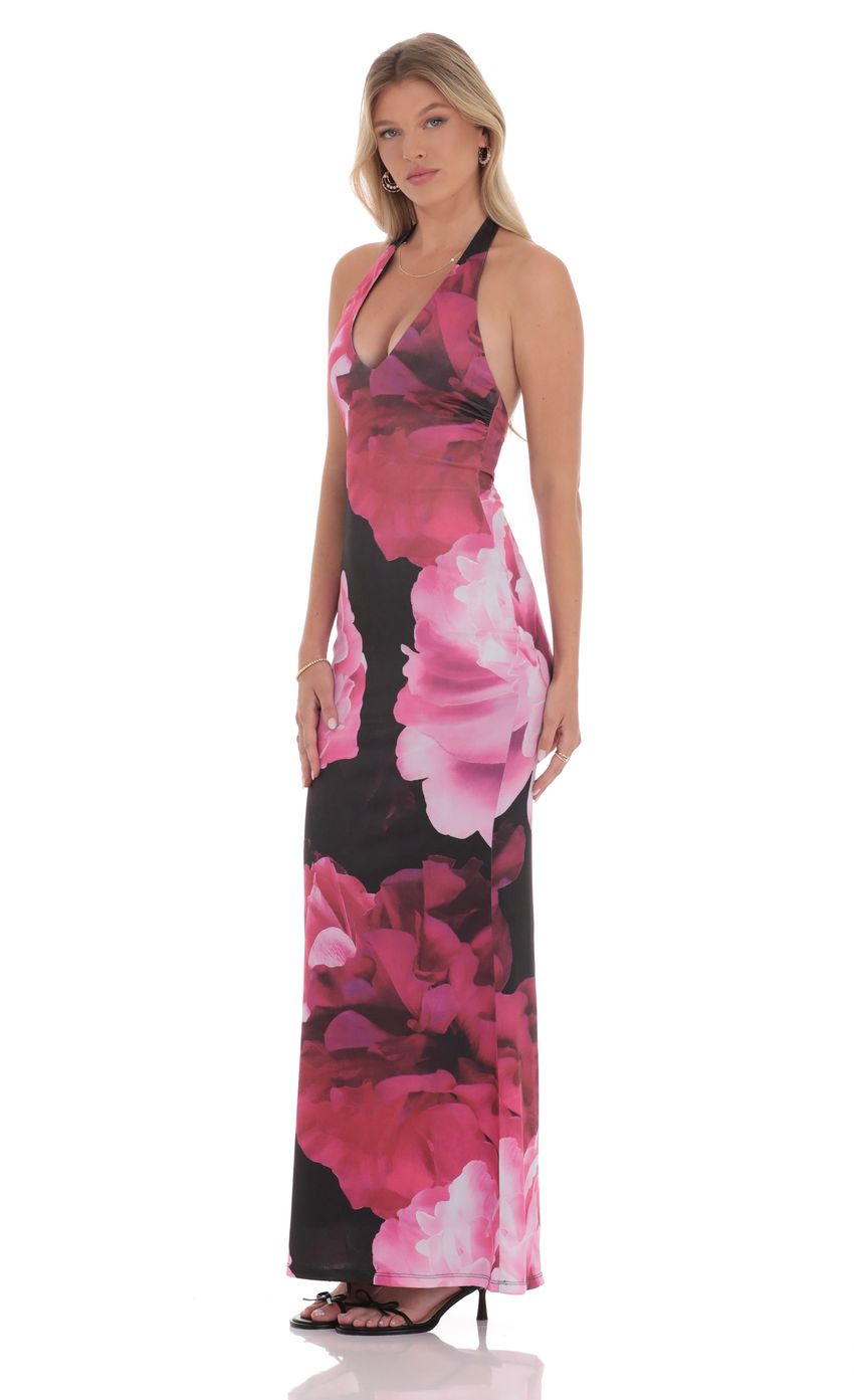 Picture Pink Floral Halter Maxi Dress in Black. Source: https://media-img.lucyinthesky.com/data/product-media/850xAUTO/6a0e3c42-7fb4-4485-b62e-614d41c85e3f.jpg