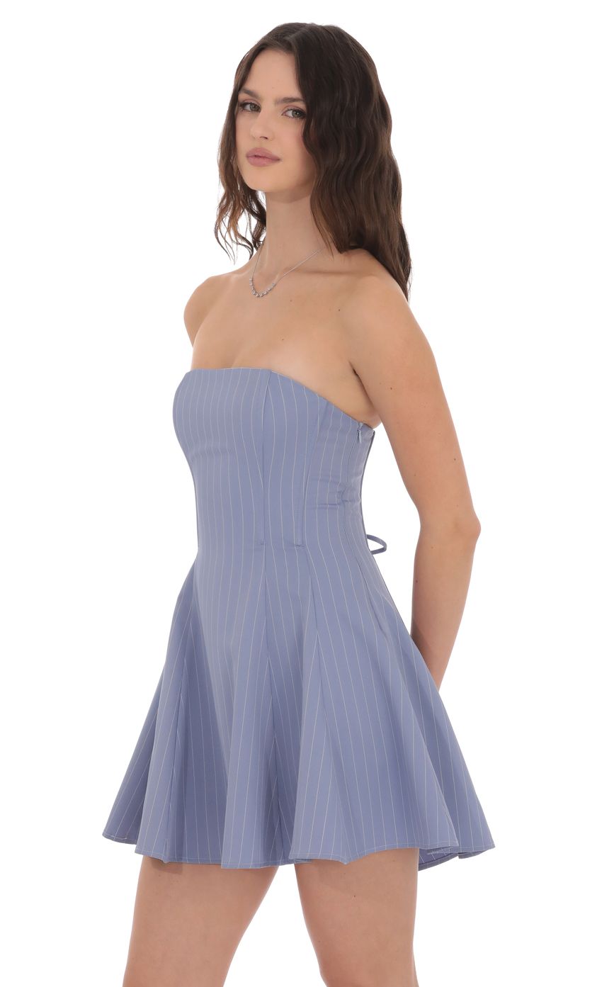 Product image for Pinstripe Corset Strapless Dress in Denim Blue
