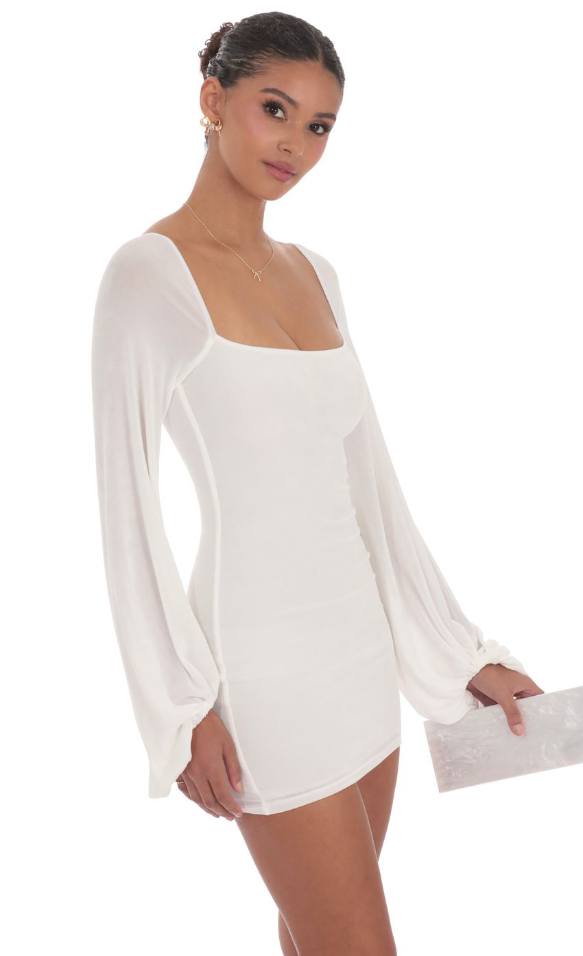 Picture Long Sleeve Bodycon Dress in White. Source: https://media-img.lucyinthesky.com/data/product-media/850xAUTO/6bd4fe5d-0d64-4844-80df-14777b48be2e.jpg