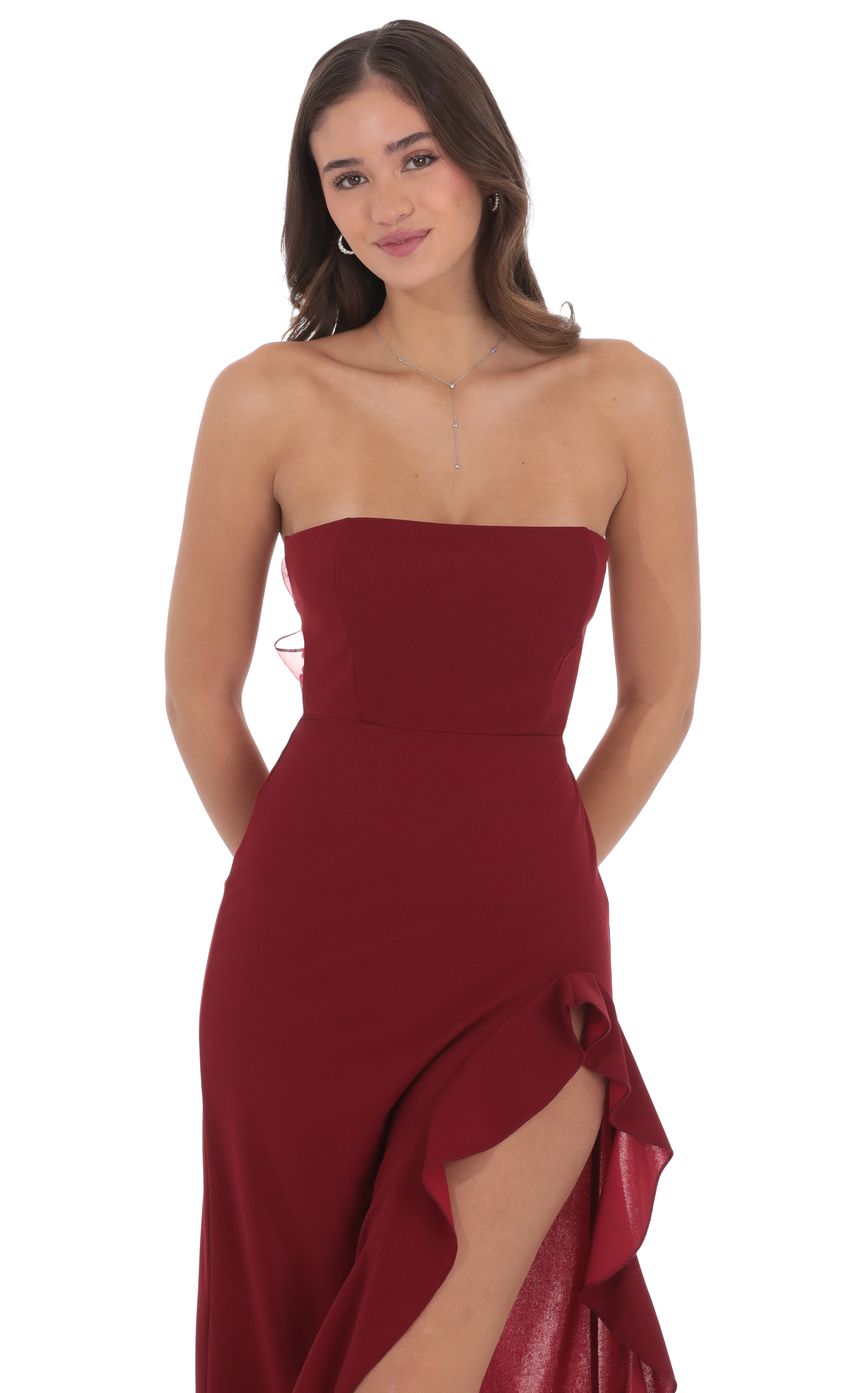 Product image for Corset Strapless Back Bow Maxi Dress in Maroon