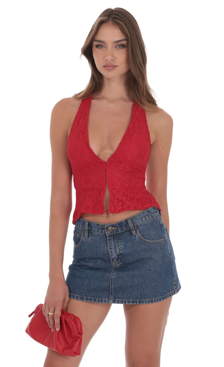 Product image for Lace V-Neck Halter Top in Red