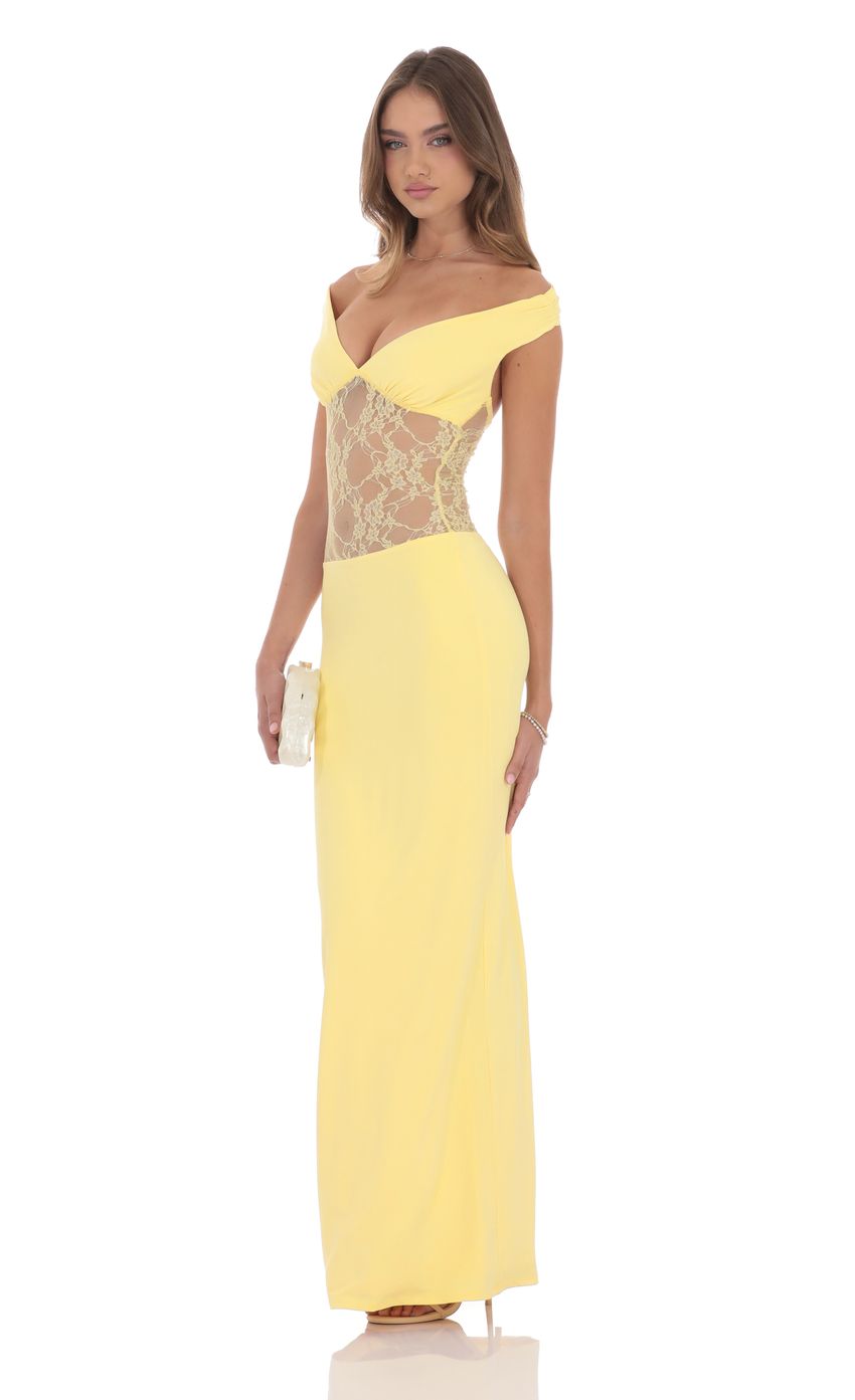 Picture Off Shoulder Lace Cutout Maxi Dress in Yellow. Source: https://media-img.lucyinthesky.com/data/product-media/850xAUTO/6d7143ce-9e6c-4a21-b95a-d19389c7dbd9.jpg