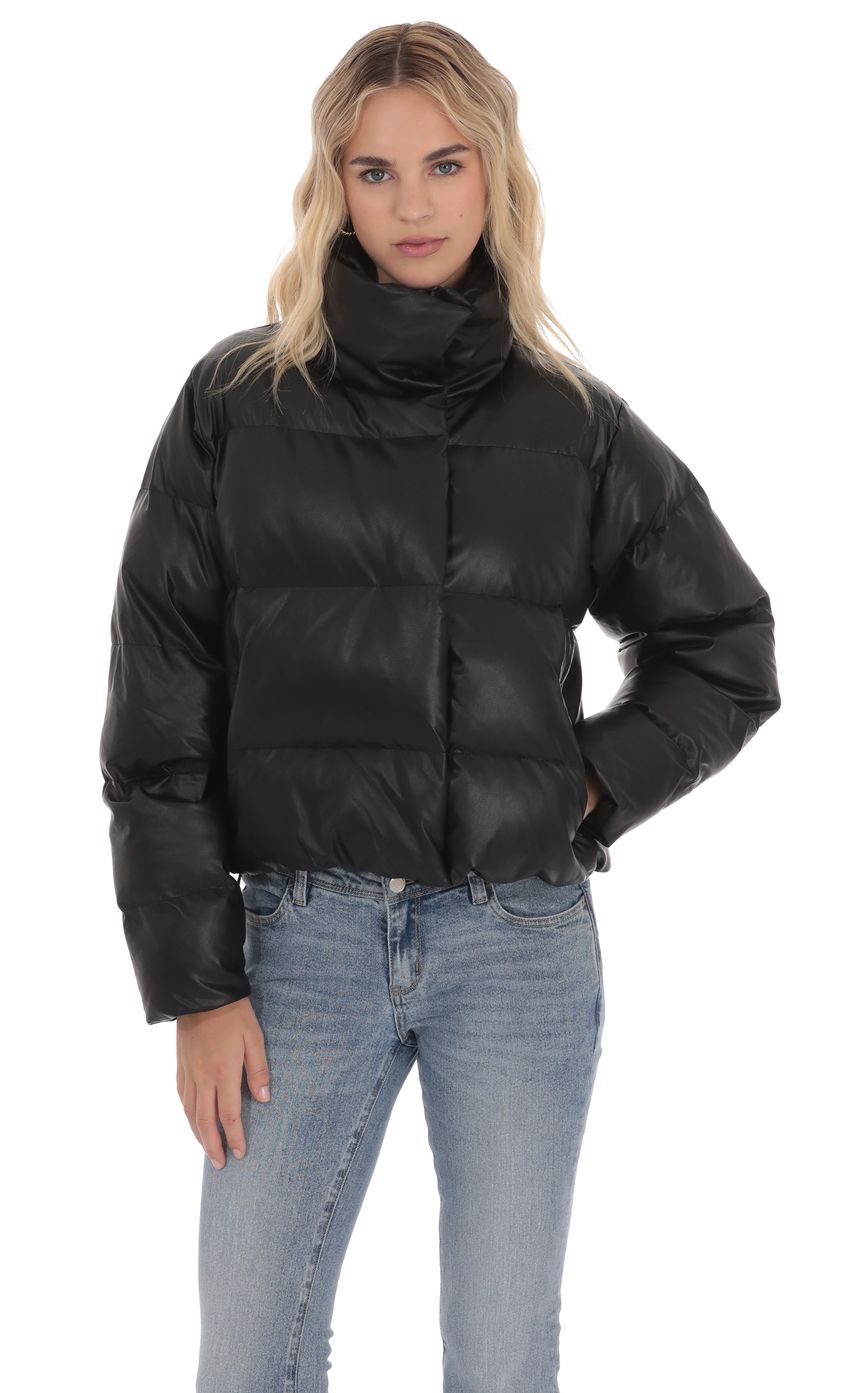 Product image for Faux Leather Puffer Jacket in Black