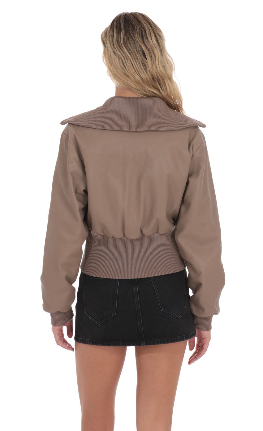 Product image for Cinched Faux Leather Bomber Jacket in Light Brown