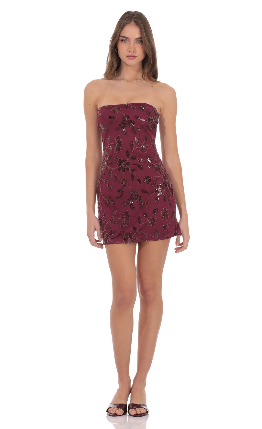 Product image for Strapless Sequin Floral Dress in Burgundy
