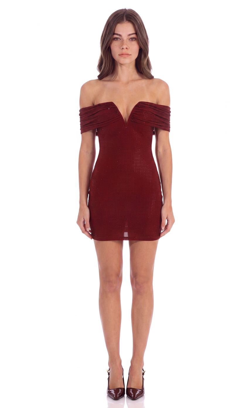 Product image for Off-Shoulder Embellished Mini Dress in Burgundy