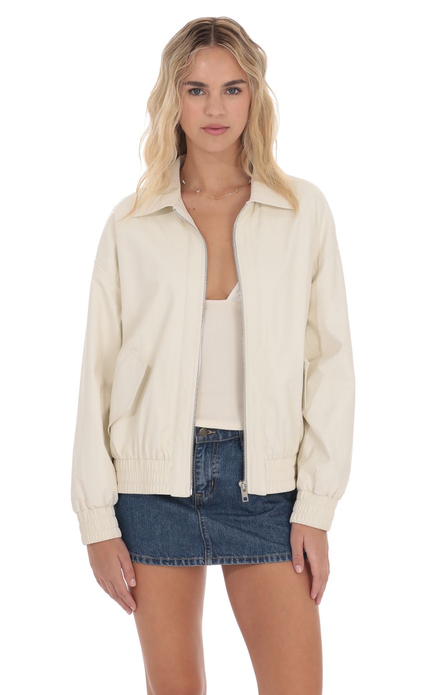 Product image for Woven Faux Leather Bomber Jacket in Ivory