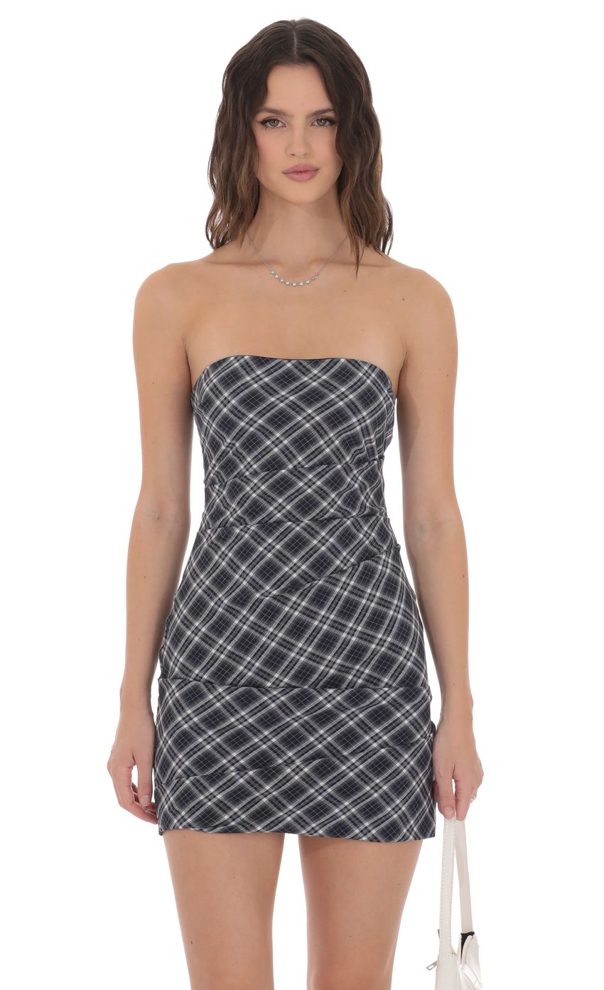 Product image for Plaid Strapless Bodycon Dress in Navy