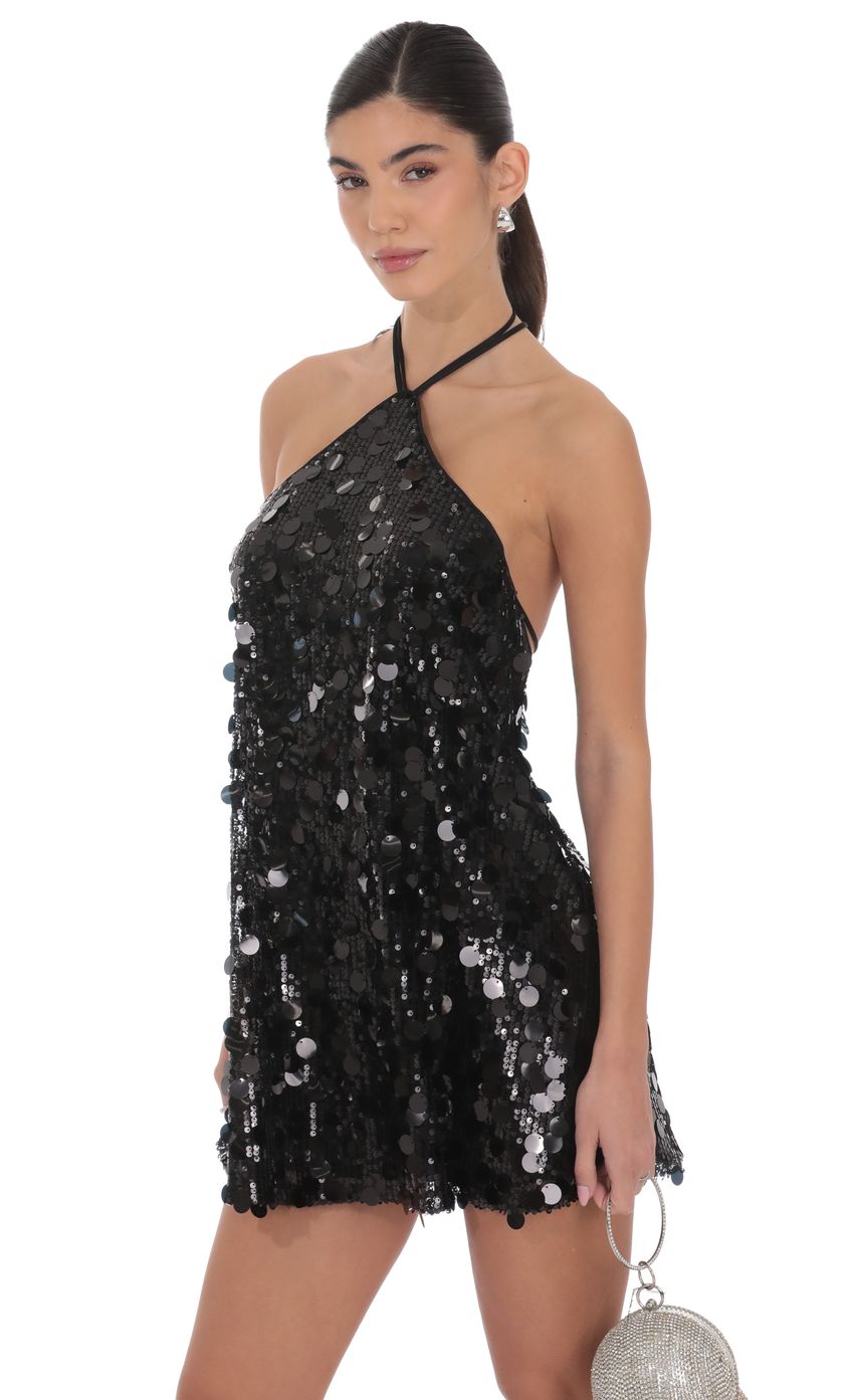 Product image for Circle Sequin Halter Shift Dress in Black