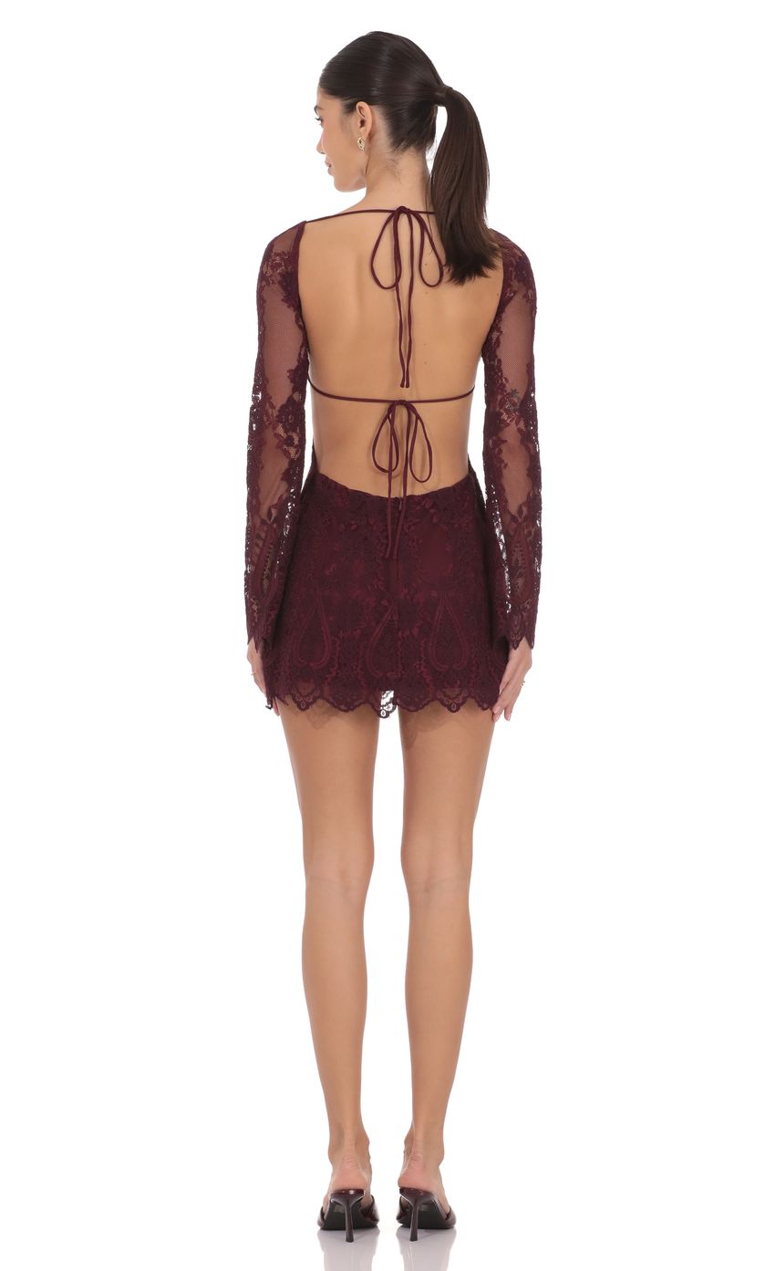 Product image for Lace Open Back Long Sleeve Dress in Burgundy