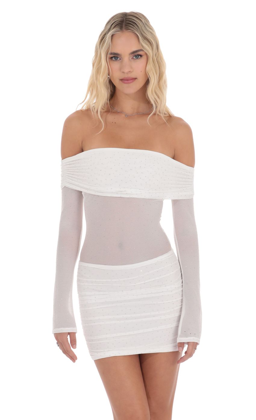 Picture Rhinestone Mesh Off Shoulder Dress in White. Source: https://media-img.lucyinthesky.com/data/product-media/850xAUTO/6f04c50c-806b-4e4a-8a04-c6209742880d.jpg
