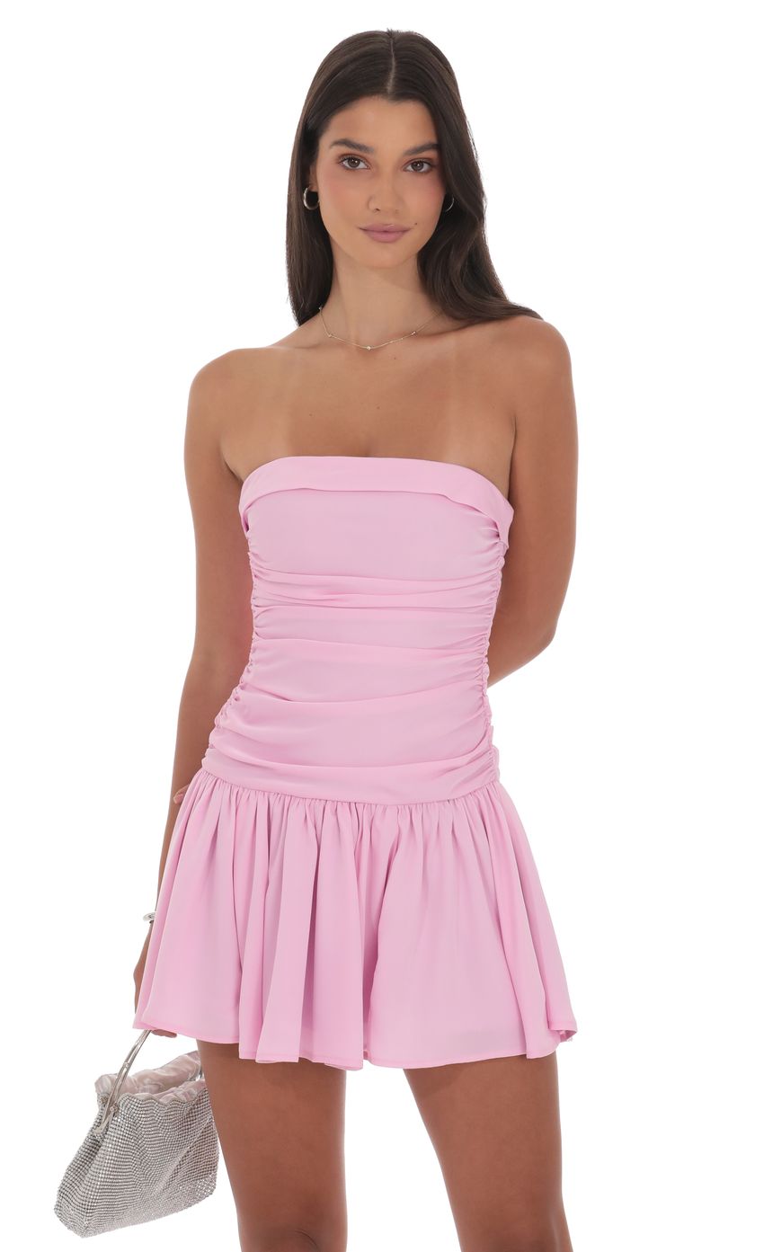 Product image for Matte Satin Strapless Ruched Flare Dress in Pink