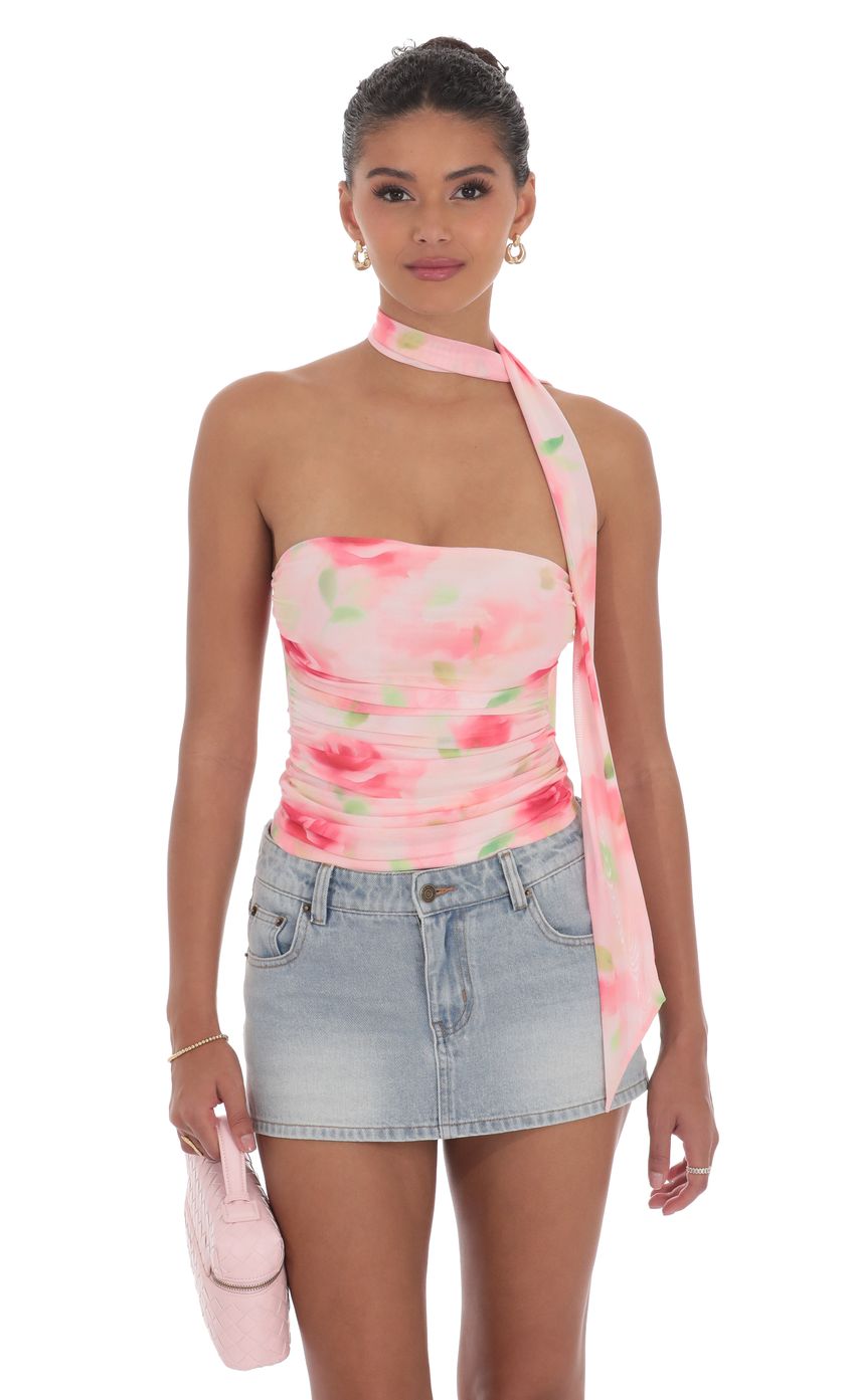 Picture Scarf Floral Mesh Tube Top in Pink. Source: https://media-img.lucyinthesky.com/data/product-media/850xAUTO/6fde0cf7-7000-4394-a695-b68260b4d3b3.jpg
