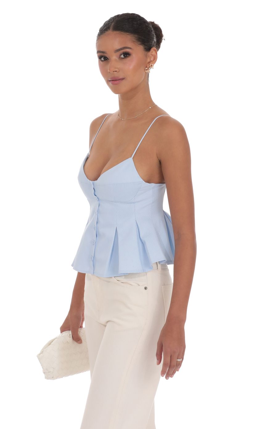 Picture Pinstripe Pleated Flare Top in Sky Blue. Source: https://media-img.lucyinthesky.com/data/product-media/850xAUTO/6ffb4987-0148-4283-b31b-9df855dda717.jpg