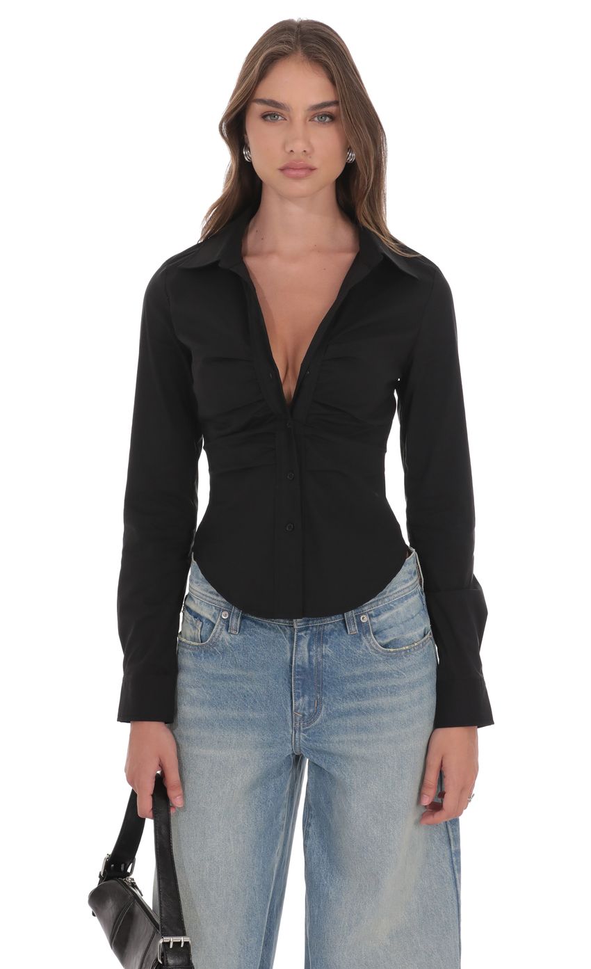 Product image for Ruched Button-Up Shirt in Black