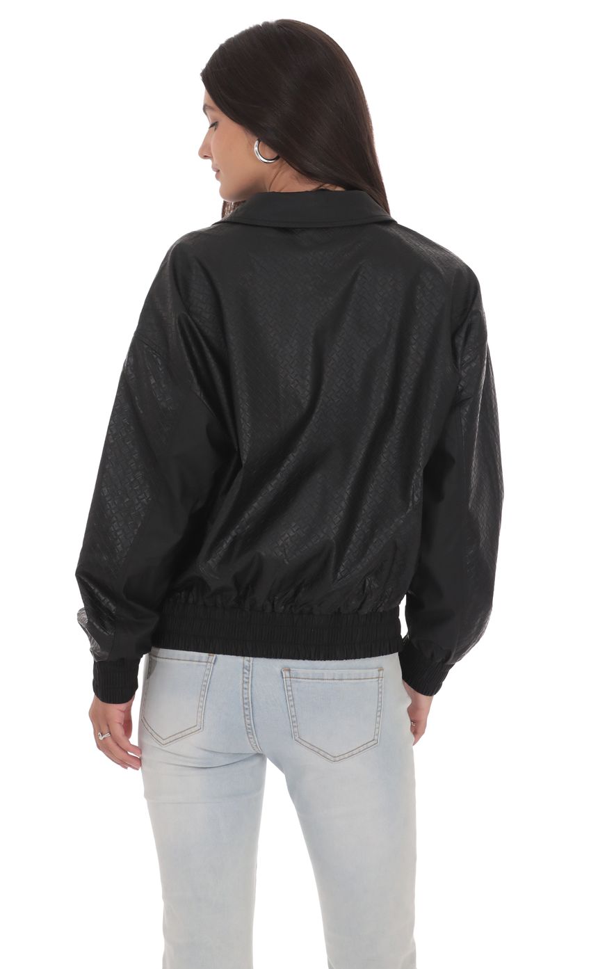 Product image for Woven Faux Leather Bomber Jacket in Black