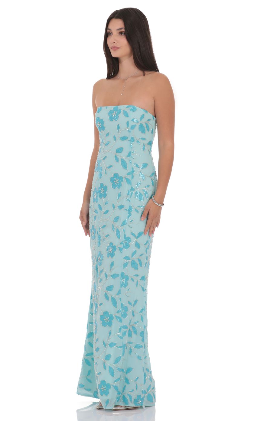 Product image for Floral Sequin Strapless Maxi Dress in Aqua Blue