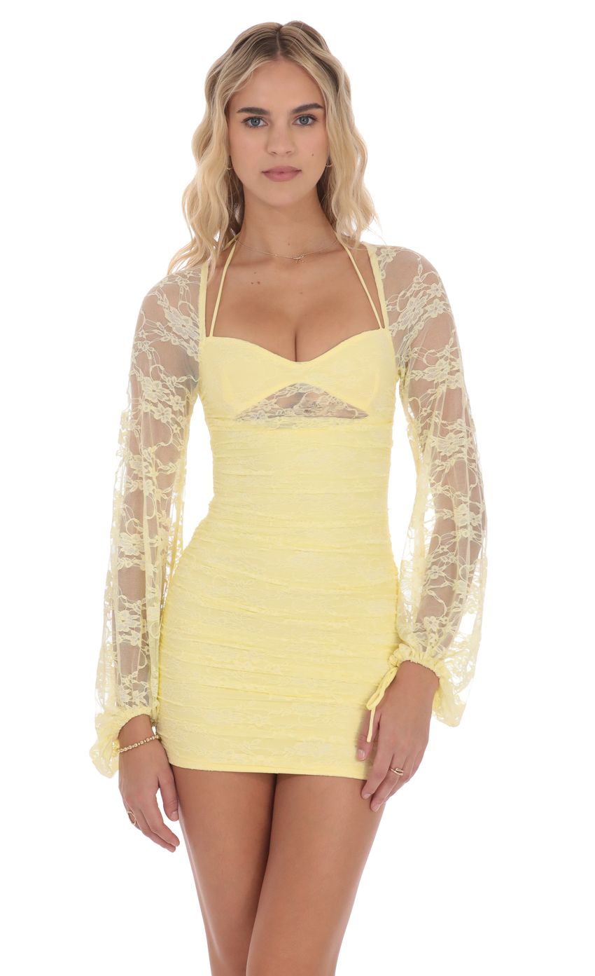 Product image for Lace Ruched Long Sleeve Dress in Yellow