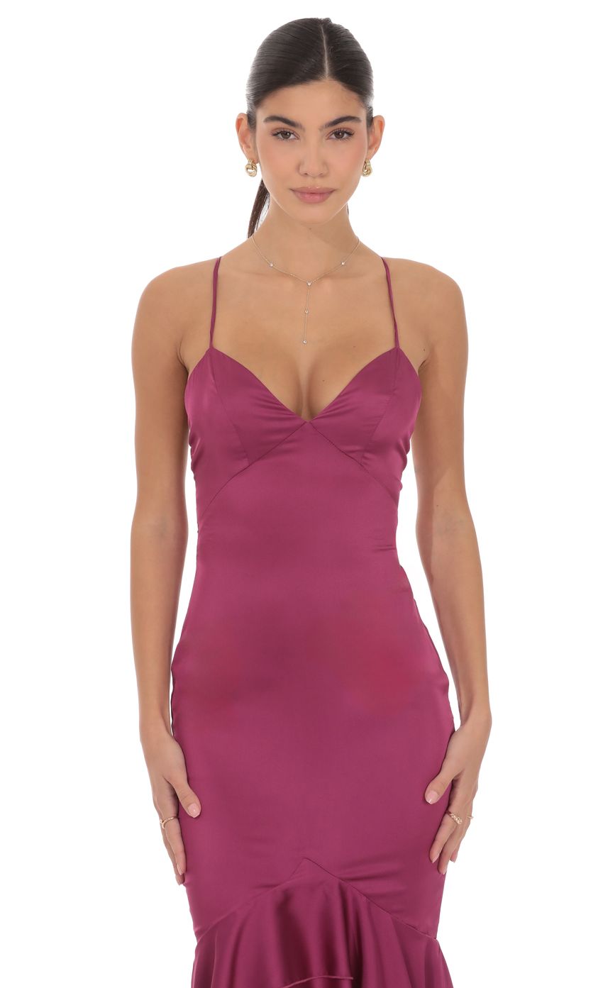 Product image for Satin Ruffle Fishtail Maxi Dress in Magenta